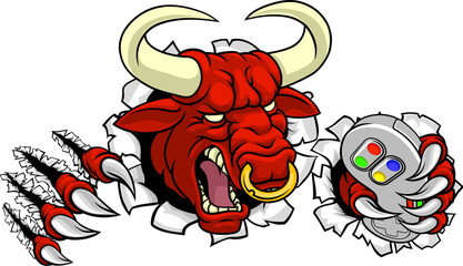 A bull or Minotaur monster longhorn cow angry mean video game gamer mascot cartoon character.