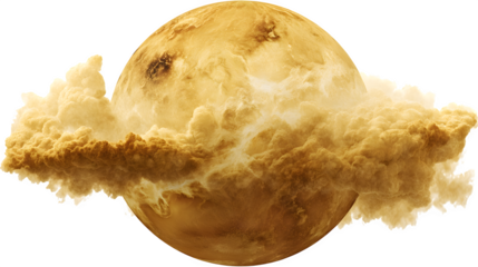 Venus with thick yellow clouds and volcanic surface textures, isolated on white