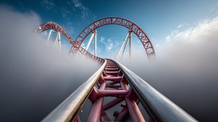 Roller coaster with a red track and a white track. The roller coaster is in the air and the sky is blue