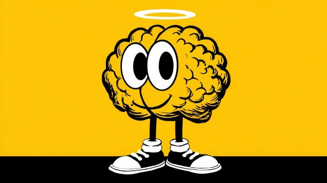 A cartoon brain with a smile on its face. The brain is yellow and black. The cartoon brain is smiling and has an angelic aura - Powered by Adobe