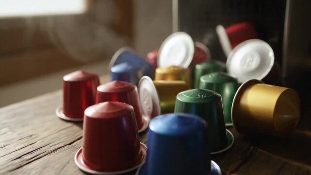 Colorful coffee capsules spill across a rustic wooden table, showcasing a vibrant assortment of flavors and textures in a dynamic scene of morning preparation