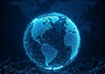 Illuminated digital globe with glowing blue lines and connections representing global data networks and futuristic technology on a dark background