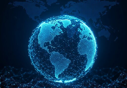 Illuminated digital globe with glowing blue lines and connections representing global data networks and futuristic technology on a dark background