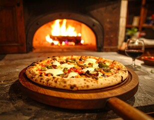 Delicious pizza in front of a wood-fired oven