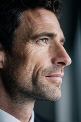 Obraz premium Businessman in profile thoughtful close-up in professional office