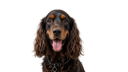 Beautiful adorable brown dog puppy portrait with joyful expression furry face alert eyes and friendly demeanor on black studio background