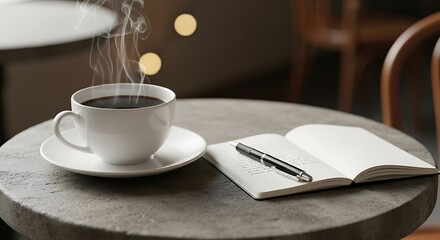 Steaming cup of coffee with a blank notebook and pen offers a moment of peace for creative writing and relaxation on a quiet morning