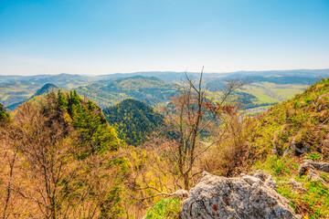 Hiking to peak Tri Koruny or Trzy Korony during day. Pieniny National park in Poland. View from the lookout at the top