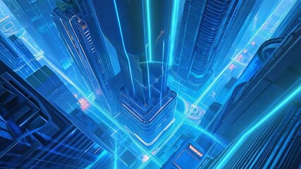 Futuristic Cityscape Aerial View Neon Lights Glowing Towers Cyberpunk Style Highrise Buildings Digital Art Animation Seamless Loop 4 K Ultra H D Resolution Perfect for Sci Fi - Powered by Adobe