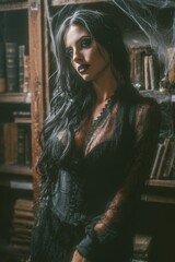 Fototapeta premium Mysterious woman in spooky library gothic aesthetic dark atmosphere captivating portrait