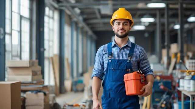 Construction worker carrying toolbox inside factory, showcasing his expertise and dedication to