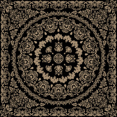 Luxurious seamless vintage lace wallpaper with gold damask pattern, floral ornaments and antique Victorian textures. Perfect for fabrics, prints, scarves, handkerchiefs, product packaging designs.