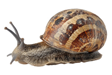 Close-up of a snail moving forward.  Shell patterned with brown and gray stripes and spots.  Two antennae extend from its head.  Isolated on black background