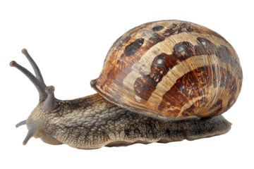 Close-up of a snail moving forward.  Shell patterned with brown and gray stripes and spots.  Two antennae extend from its head.  Isolated on black background