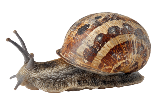 Close-up of a snail moving forward.  Shell patterned with brown and gray stripes and spots.  Two antennae extend from its head.  Isolated on black background