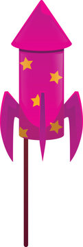 Firework rocket petard with wick stick cartoon vector, pink firecracker decorated stars pattern festive pyrotechnic tool