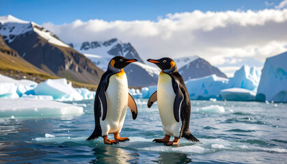 Obraz premium Two Penguins Standing Together On Ice Floe Surrounded by Icebergs and Mountains Under Cloudy Sky