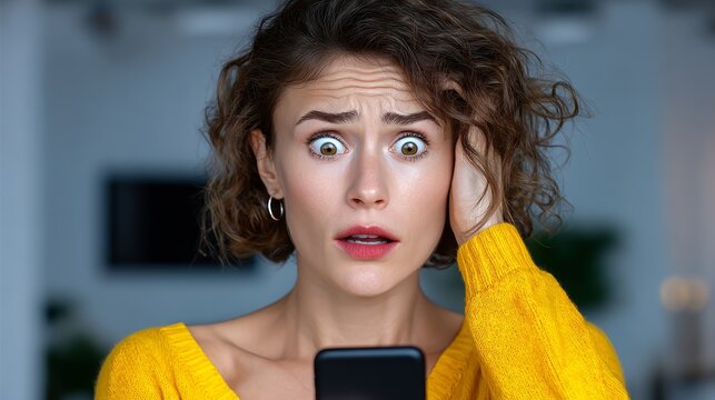 A woman with red hair and a yellow sweater is looking at her cell phone. She is surprised or shocked by something she has seen on the phone