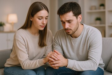 Obraz premium Sad Couple Experiencing Relationship Difficulties Sitting on Couch, Offering Support and Empathy During a Challenging Time