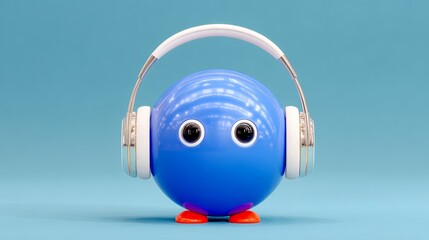 A blue and white stuffed animal with headphones on its head. The stuffed animal is wearing headphones and he is listening to music