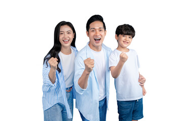Asian family joyfully celebrates with arms raised on png background