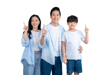 A Asian family of three smiling and pointing their fingers upward on png background