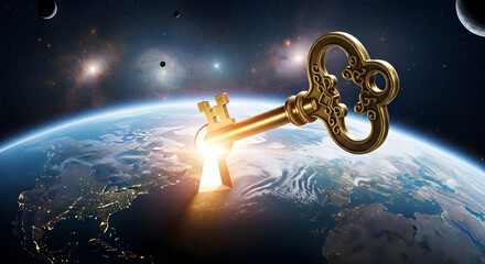 Golden key emerging from earth in space