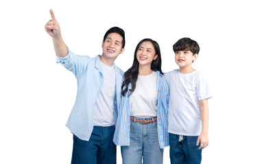 Obraz premium A Asian family pointing upwards and sharing a moment of togetherness on png background