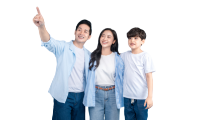 A Asian family pointing upwards and sharing a moment of togetherness on png background
