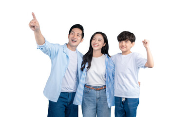 A Asian family of three pointing forward on a png background