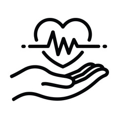 Icon of a hand holding a heart with a cardiogram pulse line representing health care and well being