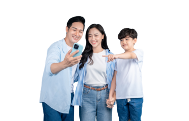 A Asian family taking a selfie while they point and look at smartphone on png background