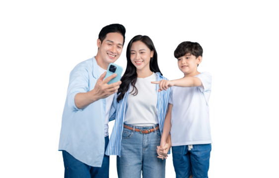 A Asian family taking a selfie while they point and look at smartphone on png background