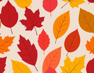 Colorful autumn leaves of various shapes and sizes arranged in a repeating pattern on a light beige background.