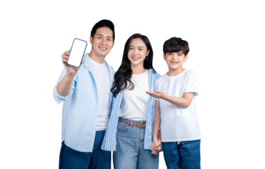 Asian family presenting a smartphone with a blank screen on png background
