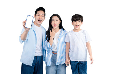 Asian family shows a phone's screen in awe on png background