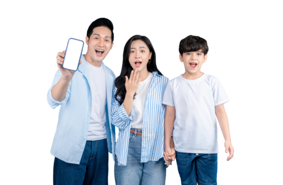 Asian family shows a phone's screen in awe on png background