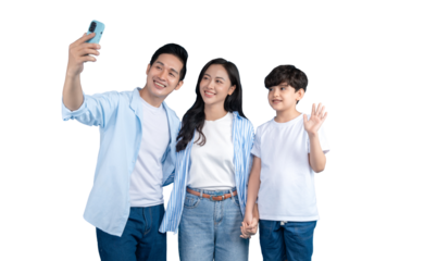 Asian family of three taking a selfie together, capturing a moment of togetherness and love. The scene is filled with joy and connection on png background.
