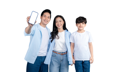Asian family of three members is holding a phone with a white screen on png background