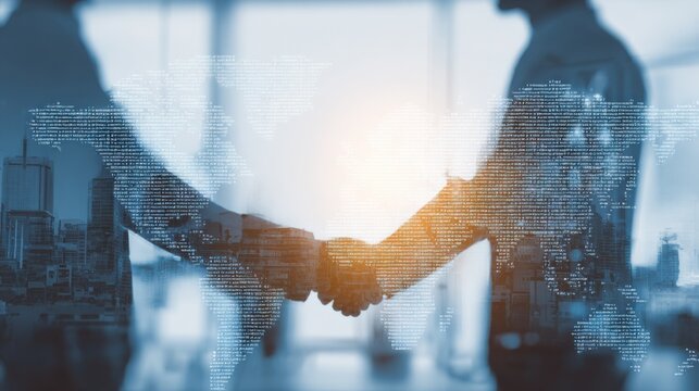 Global Business Partnership: Successful Agreement Depicted by Handshake with World Map Overlay for International Ventures