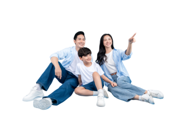 Asian family of three smiling while looking toward the right. The mom is pointing with her finger. They are wearing casual clothes on png background
