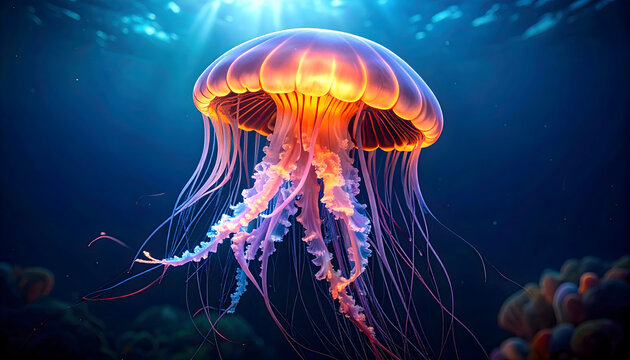 Vibrant Jellyfish Illuminated Underwater Against Blue Background with Light Beams and Colorful Tentacles