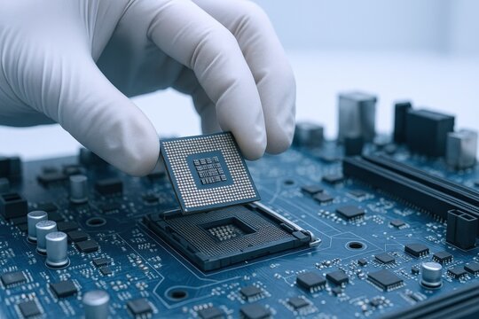 Technician in Gloves Installing Microprocessor on Motherboard for High Performance Computing and Modern Technology