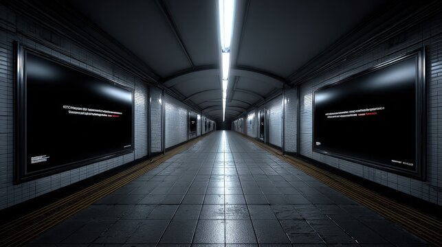 Subway Tunnel Perspective with Advertising Billboards and Fluorescent Lighting in a Modern Urban Setting
