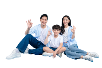 Asian family of three is sitting together while making an OK gesture on png background