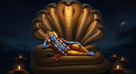 Lord vishnu resting on the cosmic serpent shesha naga, illuminated by diyas under a starry night sky