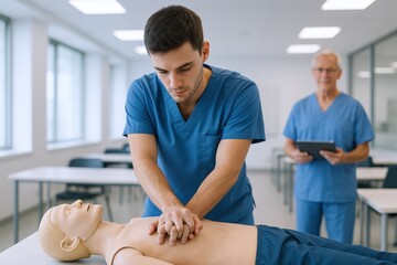 CPR Training Session: Young Doctor Practicing Chest Compressions on a Manikin with Senior Instructor Observing