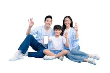 Asian family sitting together, holding phone on png background