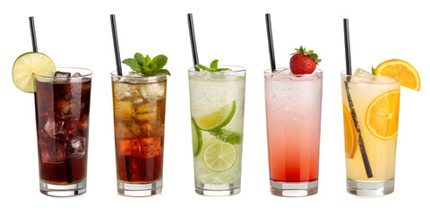 Assortment of colorful cocktails with fruit garnish isolated on transparent background