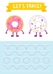 Handwriting practice page for kids with cute donut. Mini game for children.